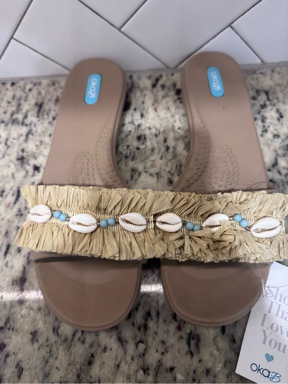 Oka B Beige Raffi  Fringe Slide Sandals with beads and shells,W M/L (US8-9)